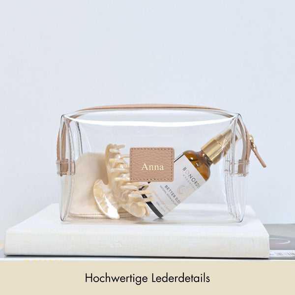 Kosmetiktasche Genarbtes Leder | Beige & Gold